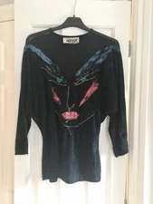 Maxim unique black long sleeve top with face design in blue and red