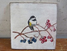 Vintage Wood Painting  Burning L Rollins Bird Red  Blue Berries 6x6