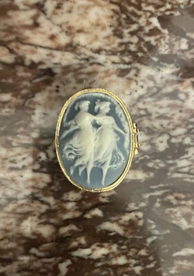 Rare Vintage Blue Cameo with Two Dancing Ladies Small Trinket Pill Box Gold Tone