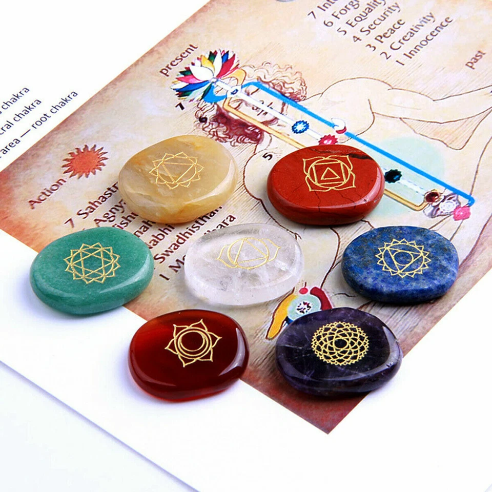 7x Chakra Steine Reiki Heilung Yoga Energie Heilstein Edelstein mit Symbolen Set - Bild 4 von 4