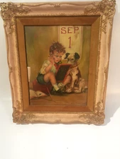 Antique Framed Picture, Signed Sister Eugenick Crowe(?), Boy With Dog...