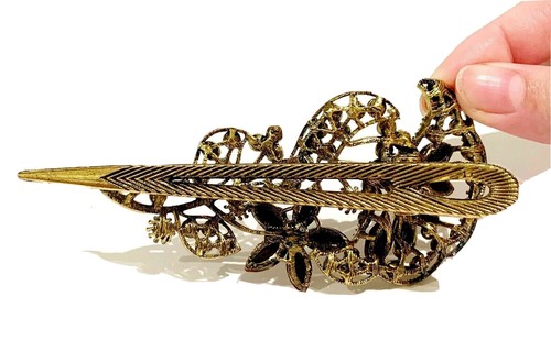 Rhinestone Floral Hair Piece Clip Brown Gold Sparkly Flower Wedding Formal Prom - Picture 4 of 9