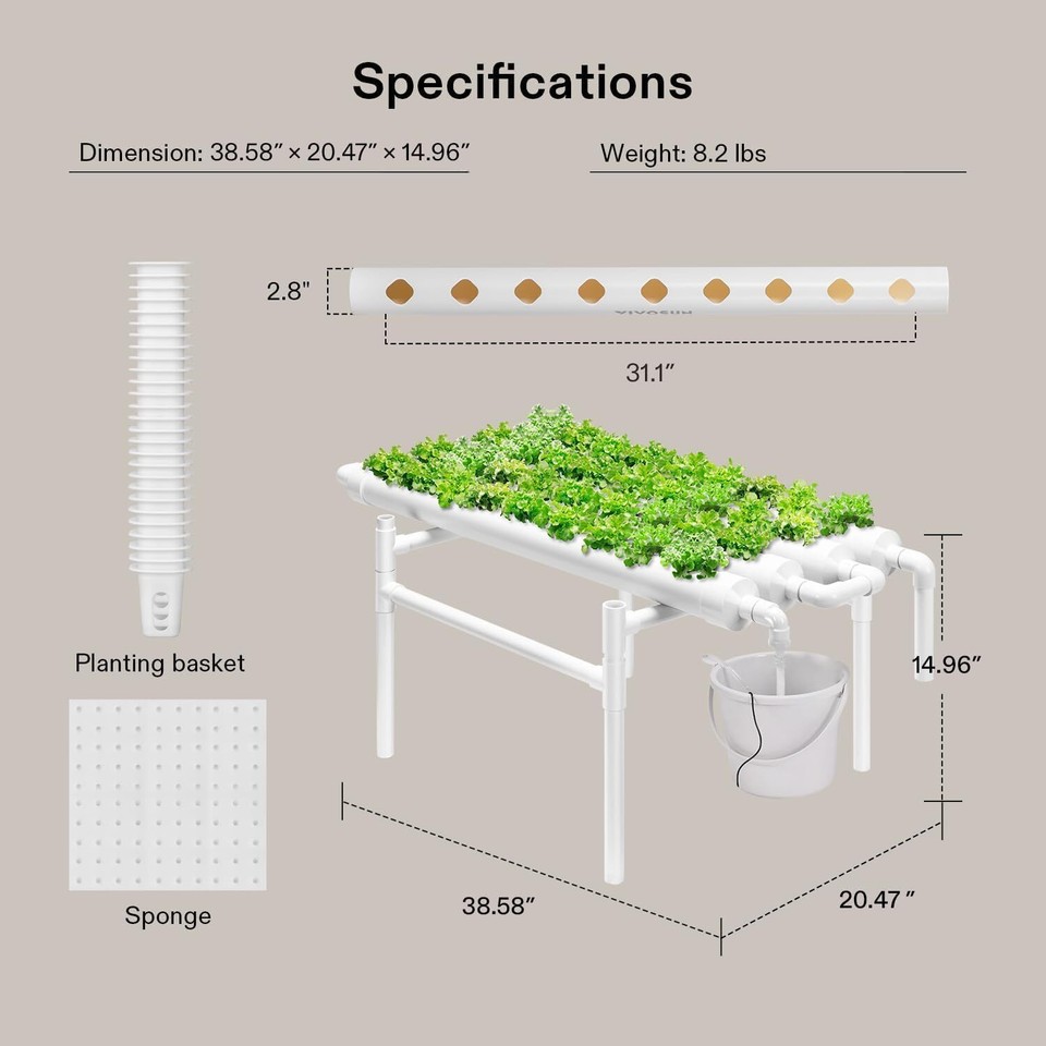 VIVOSUN Hydroponic Grow Kit, 36 Plant Sites 4 FoodGrade PVCU Pipes 36