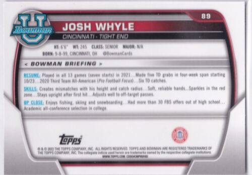 2022 Bowman Cromo University Púrpura Brillo #89 Josh Whyle Cincinnati 1er - Imagen 2 de 2