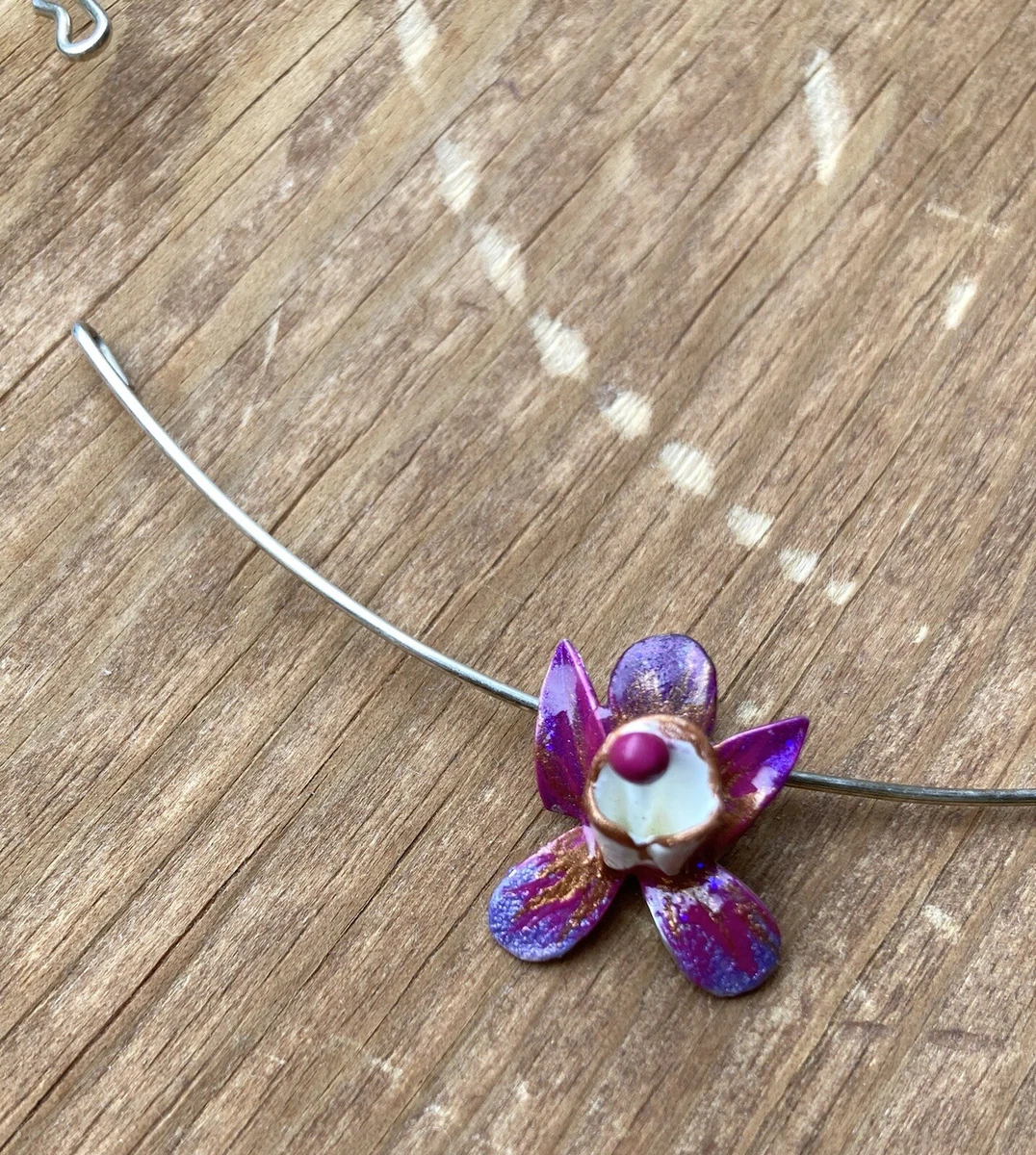 Vintage Sterling Silver Orchid Necklace Handcrafted enamel