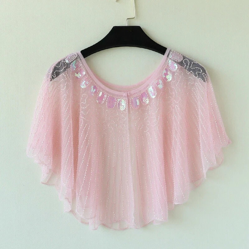 Dama Capa Poncho Encaje Malla Blusa Envolvente Mantón Capa Cuentas Brillo Nupcial Moda Foto 4 de 4