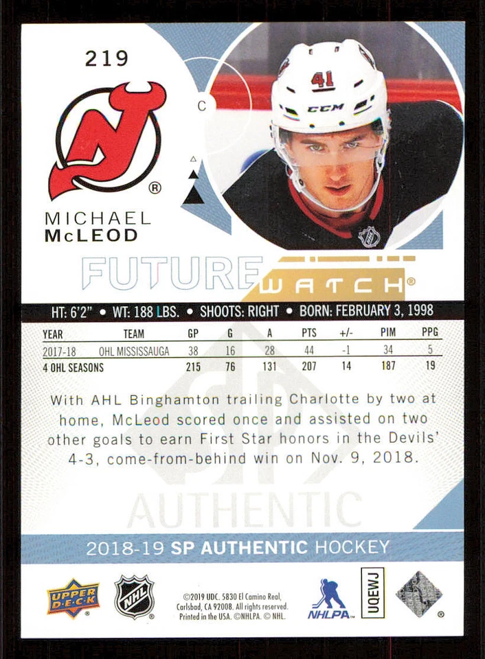 2018-19 SP Authentic #219 Michael McLeod FW RC /999 - Image 2 of 2