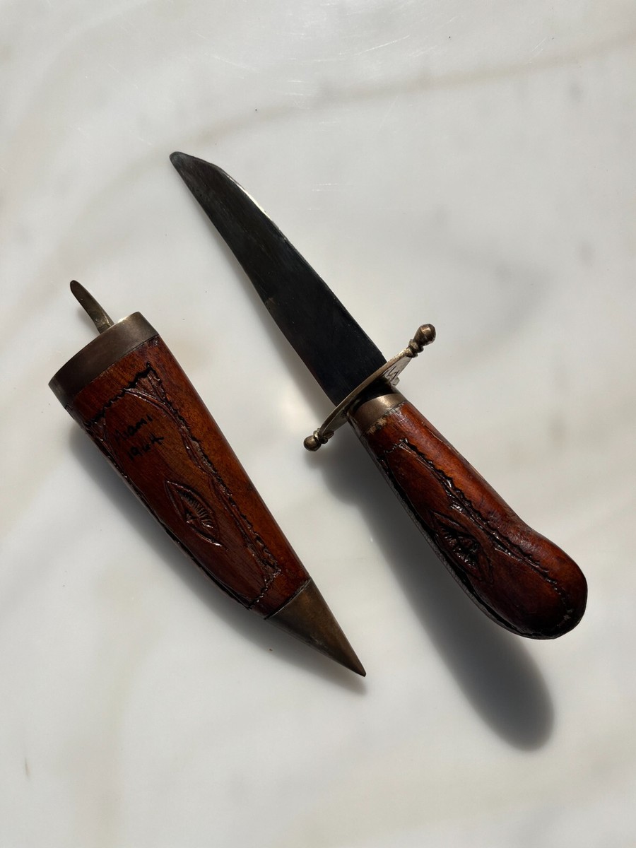 Vintage Dagger Knife Carved Ornate Wooden Handle & Sheath, Brass
