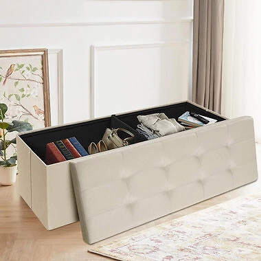 Banco otomano de almacenamiento plegable reposapiés taburete marco MDF tapa crema 43" Foto 4 de 4