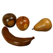 Set of 4 Wooden Mixed Fruit Hand Turned Signed Natural Apples Banana Pear
