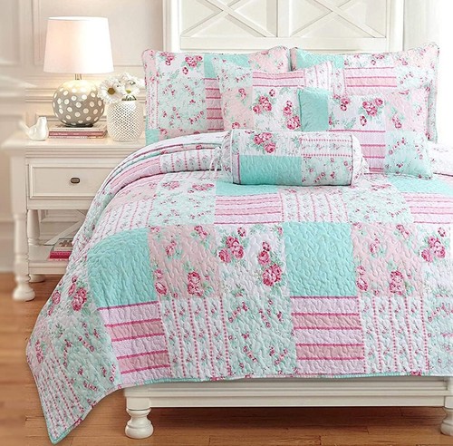 PINK BLOSSOM 3pc Twin QUILT : COZY GIRLS ROSE BLUE GREEN GARDEN FLOWERS FLORAL - Picture 2 of 9