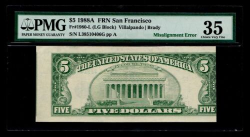 Misalignment Error 1988-A $5 FRN San Francisco PMG VF 35