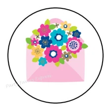 30 ENVELOPE WITH FLOWERS ENVELOPE SEALS LABELS STICKERS PARTY FAVORS 1.5" ROUND