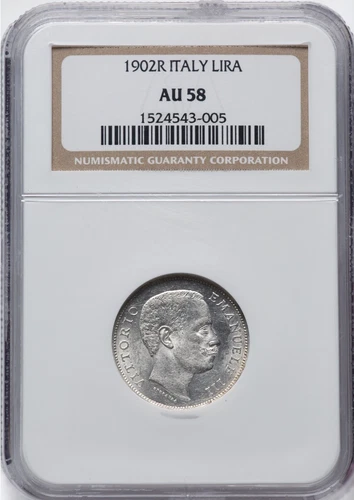 ITALY KINGDOM 1902-R 1 LIRA SILVER COIN ALMOST UNCIRCULATED, NGC CERTIFIED AU58
