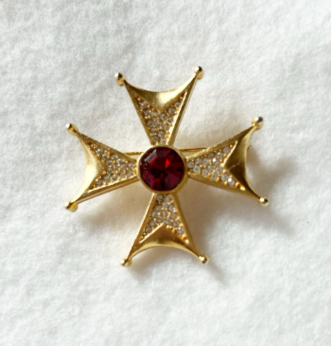 Jay S Gold Tone Maltese Cross Brooch w/ Swarovski Crystals Faux Red Crystal Pin