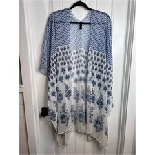 Lane Bryant Blue White Floral Metallic-Thread Kimono. One Size.