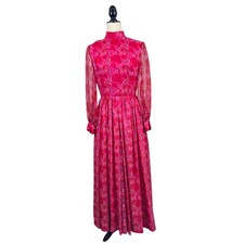 VTG 1960's Printed Chiffon Gown Pink Psychedelic Swirls Long Sleeves