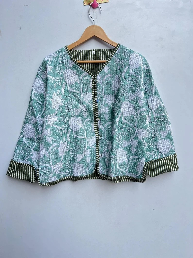 Indian Multi Green Floral Cotton Quilted Unisex Jacket Womens Clothing Jacket US