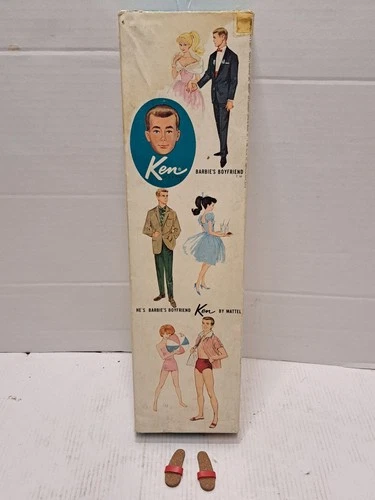 Vintage 1961 Ken Doll Empty Box #750 & Original Red Strap Cork Sandals Mattel