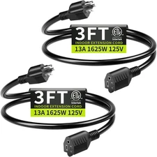 3FT (2Pack) 13A 125V 1625W ETL Listed, 16/3 Indoor Extension Cord Black, Short E