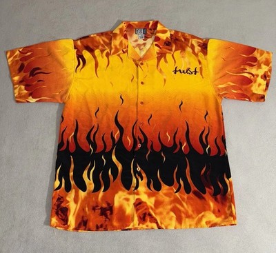 FIREBALL フレイム　90s y2k ファイヤープリント　ヴィンテージ Vintage Y2K Flames Fire All Over Print Button Up Shirt Size XL