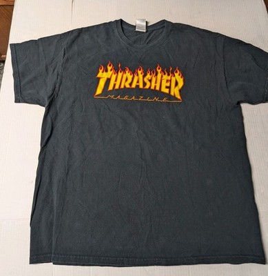 Vintage Y2K Thrasher Magazine Flames black and orange cotton T-shirt Size XL