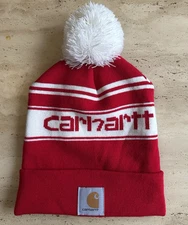 Carhartt Knit Pom Pom Cuffed Beanie Stocking Cap Winter Hat Red/White NWT