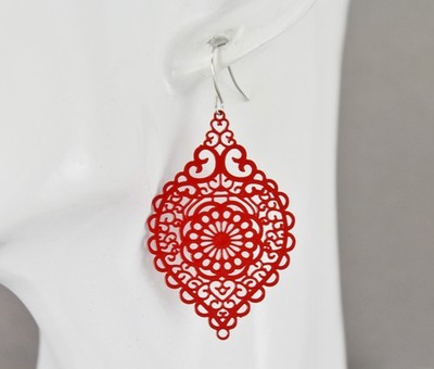 Red earrings teardrop dangle VERY lightweight filigree 2 3/8'' long floral