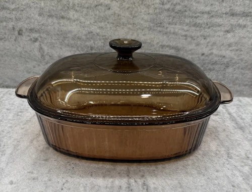 VTG CorningWare Vision Amber 4L Oven Casserole Roaster Ribbed W/ Pyrex F14C Lid
