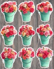 Pail of Colorful Roses Vinyl Stickers Set Scrapbooking Laptop Waterbottle