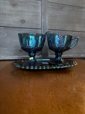 Vintage Iridescent Blue Indiana Carnival Glass Harvest Grape Creamer, Sugar Tray