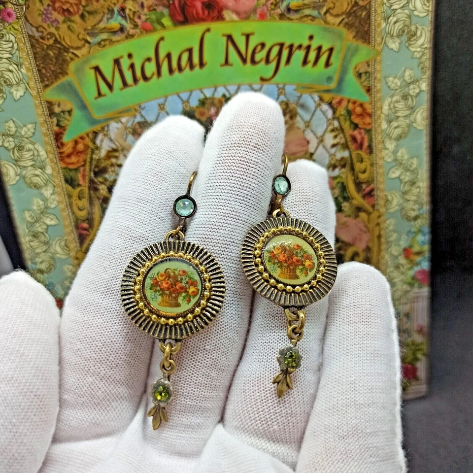 Pendientes Michal Negrin Largo Flujo Camafeo Aro Redondo y Cristal de Swarovski Regalo Nuevos  Foto 2 de 4