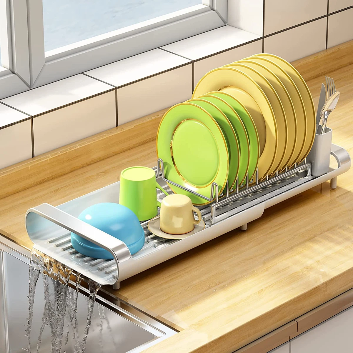 Dish Drying Rack for Kitchen Counter, Expandable White