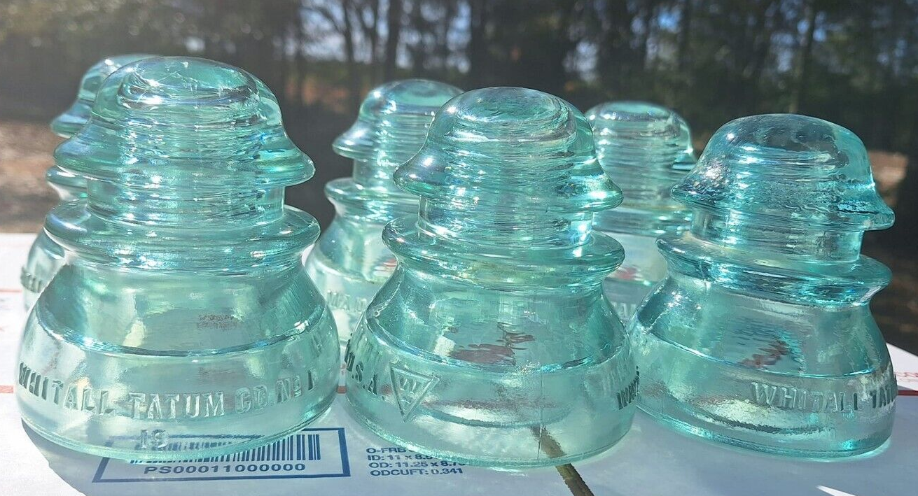 Lot of 6 Vintage Blue Green Glass Insulators Whitall Tatum Co No 1