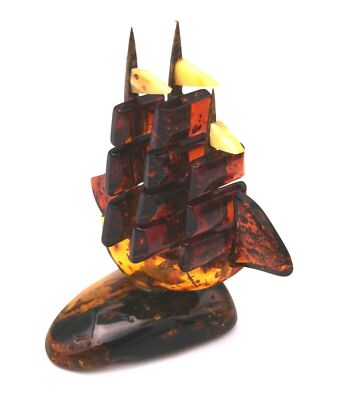 Ship Genuine Amber Sailboat Handmade Unique Three-master Very Beautiful