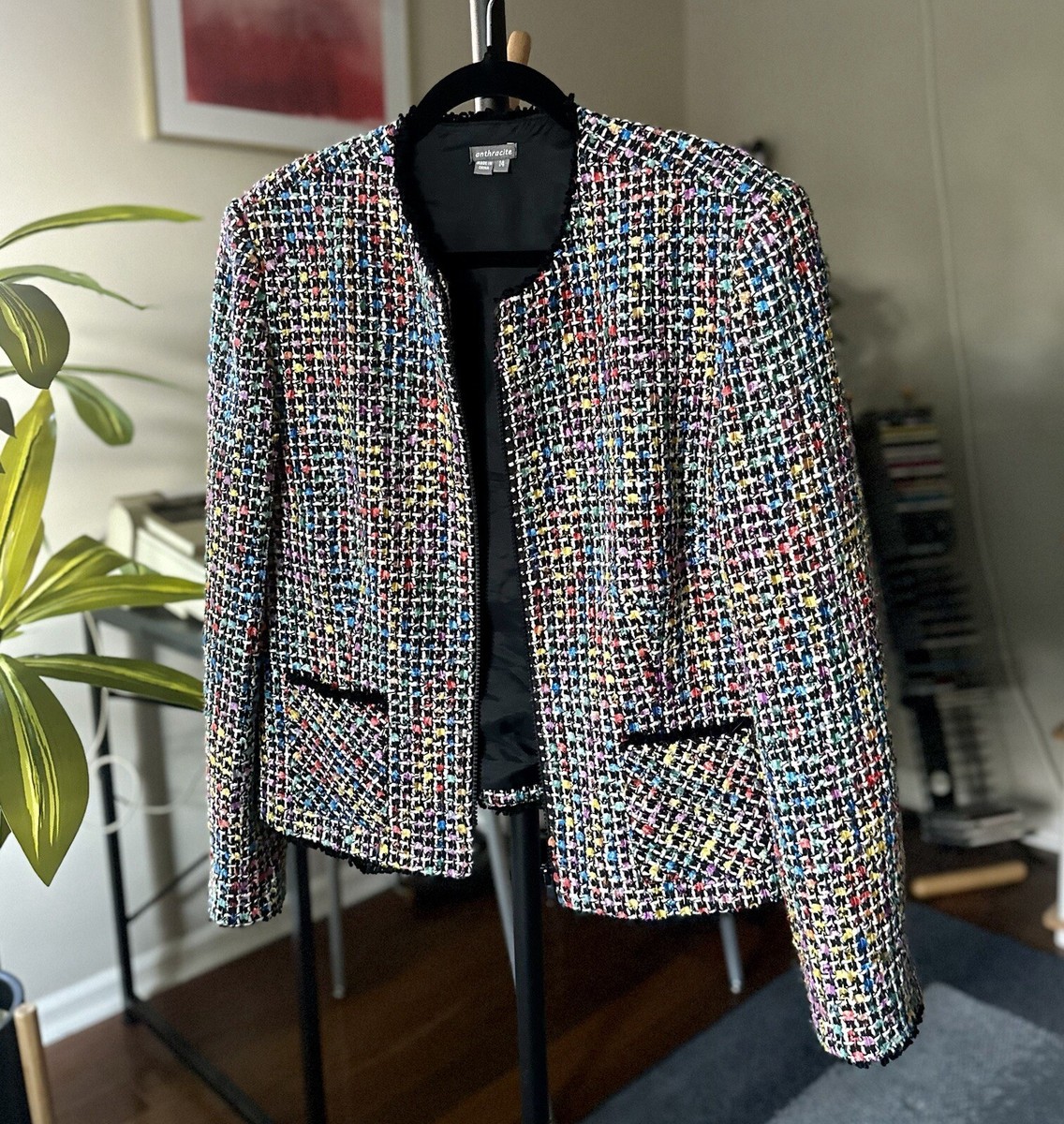 Vintage Anthracite Multicolored Tweed Jacket Black Trim