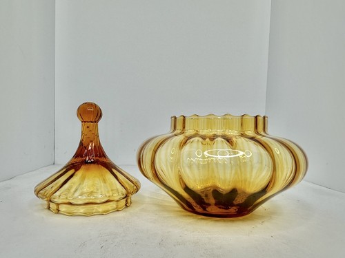 Vintage MCM Empoli Glass Amber Panel Optic Candy Jar Circus Tent Lid 8.5” Italy - Picture 2 of 5