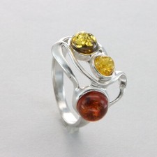 Triple Round Multi-Color BALTIC AMBER Ring - 925 STERLING SILVER - Poland 95e