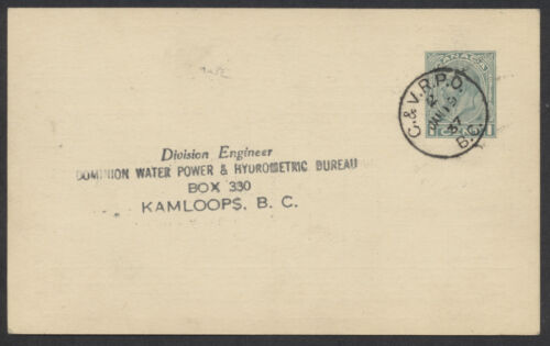 1937 C & V RPO Postmark 2 JAN 19 37 On #P128 Water Height Card to Kamloops