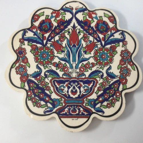 Vintage Trivet Hot Plate Glazed Ceramic Tile Red Blue Floral Colorful - product listing photo