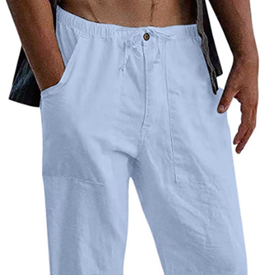 Mens Cotton Linen Lace Up Pants Sport Gym Casual Loose Solid Trousers