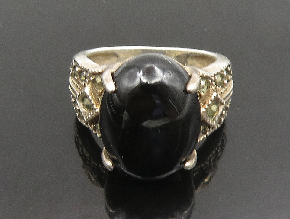 Anillo AVON 925 Plata Vintage Cabujón Negro Ónix y Marcasita Talla 6 RG24809 Foto 3 de 4