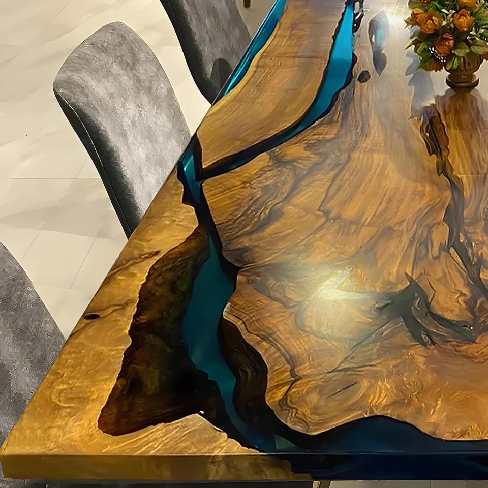 Custom Blue Epoxy Resin Wood Kitchen Table Top | Handcrafted Modern Furniture - Image 4 of 4