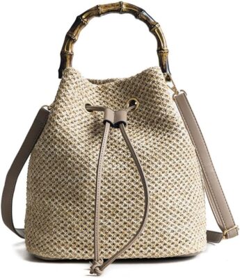QZUnique Straw Bucket Bags for Women Top Handle Drawstring Woven Handbag... 