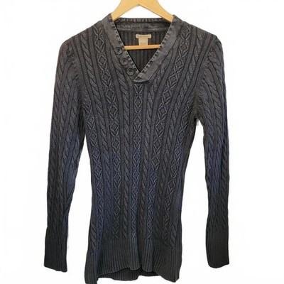 RUFF HEWN Ladies Charcoal Gray Cable Knit Sweater Henley Style V-Neck 10 