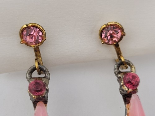 Tarnished Vintage Pink Jelly Belly Rhinestone Flower 2" Chandelier Earrings - Imagen 6 de 12