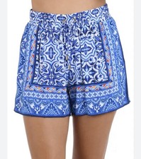 La Blanca Resort ware Blue  White Drawstring Shorts Colorful Border Sz M
