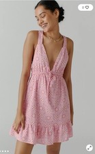 Urban Outfitters Hansel Pink Floral Mini Dress Strappy Back V-Neck Size L