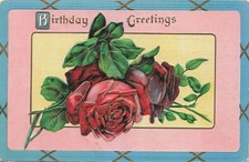 Vintage Embossed Birthday Greetings Postcard Red Roses Floral Made in USA