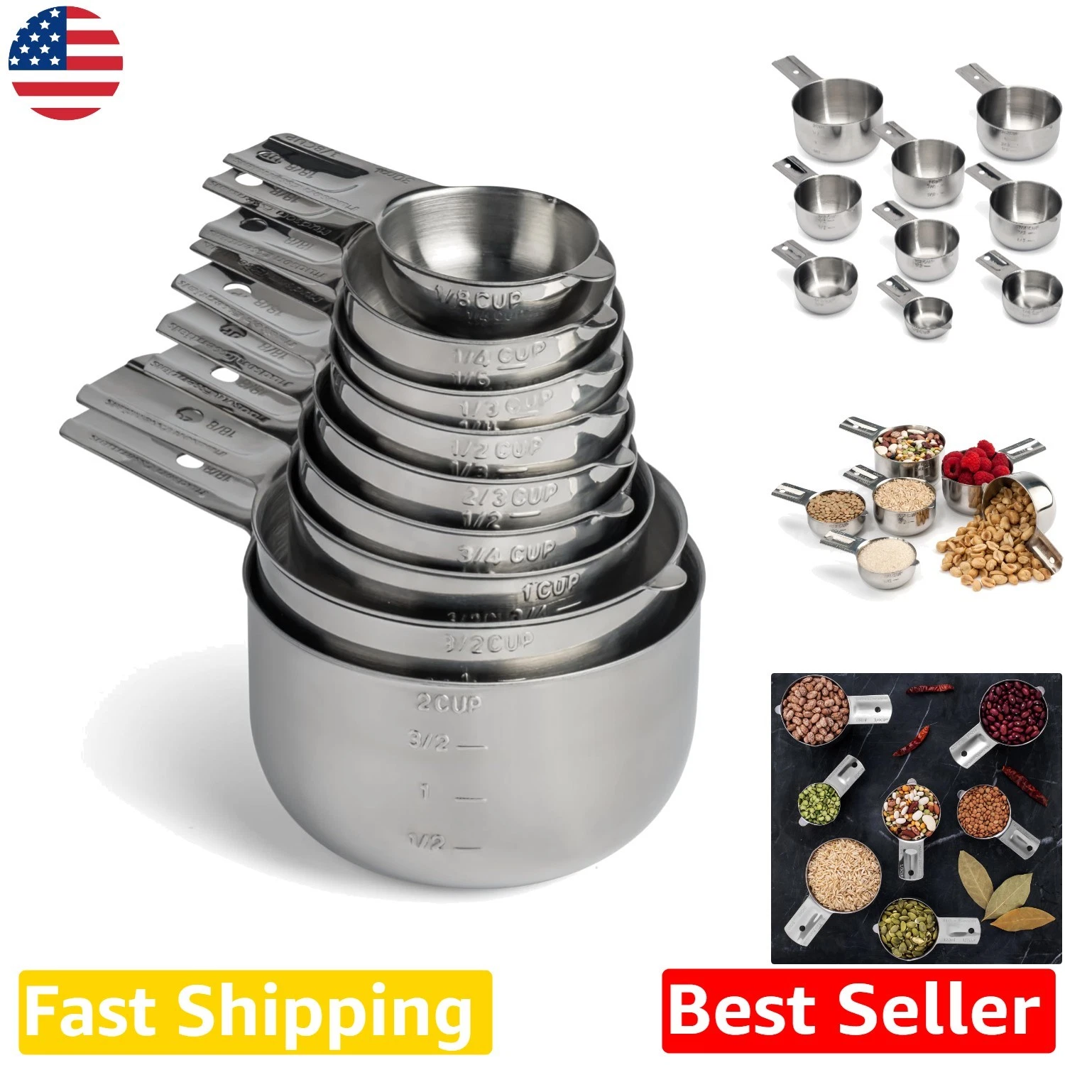 9-Piece Stainless Steel Measuring Cups Set with Spout, Stackable, Rust-Proof